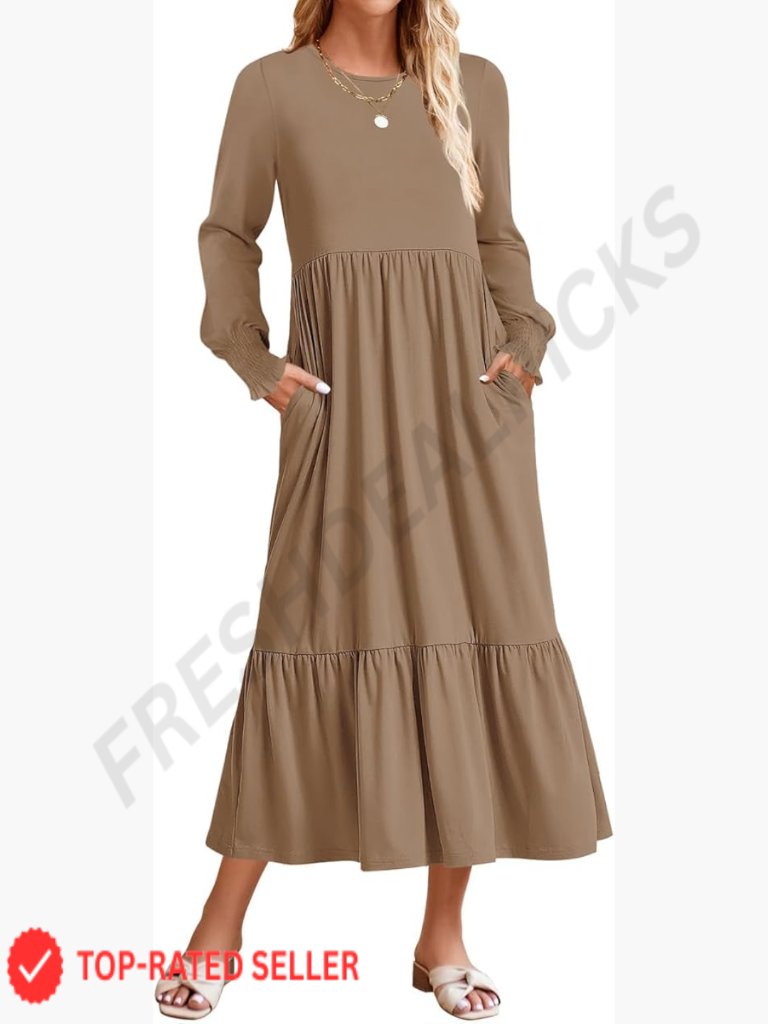 Long Sleeve A Line Pleated Tiered Midi Dress Casual Chic Elegant With Pockets
